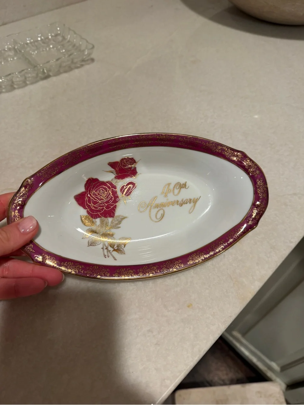 40th Anniversary Rose Decorative Serving Dish - White and Plum